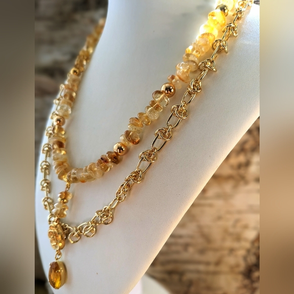 Natural Yellow Citrine Beads & Barbed Chain Two Strand Gold Plated Necklace - Picture 2 of 9